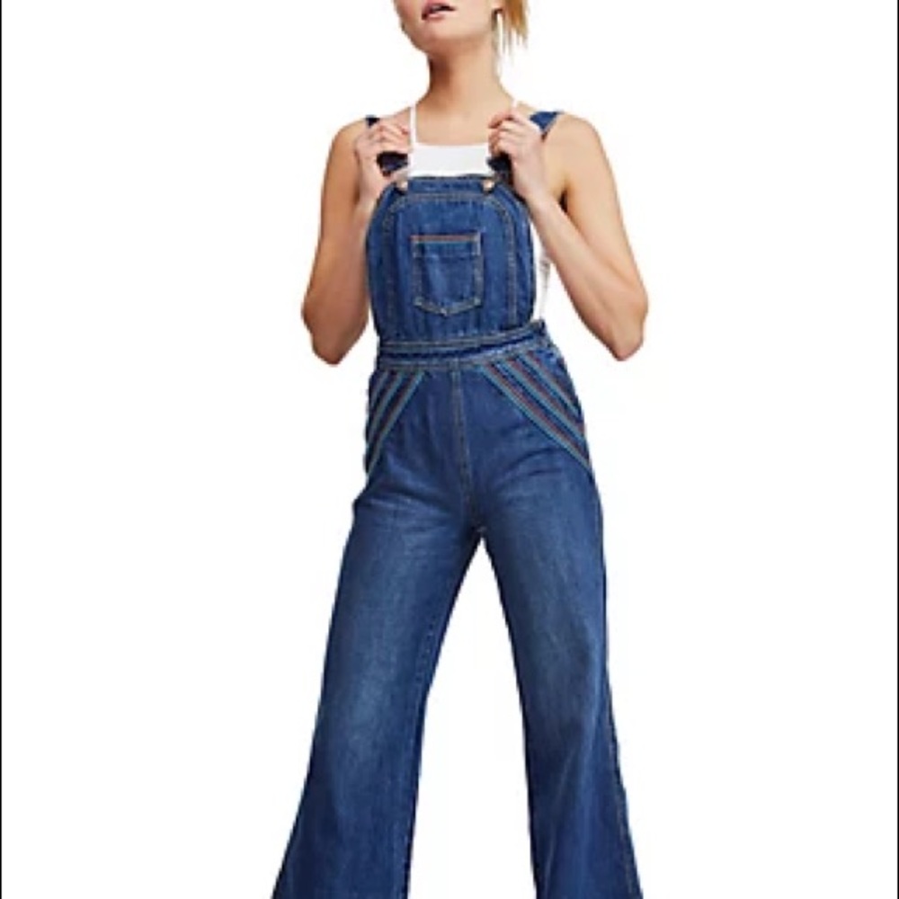 Free People Rainbow Stitched Overalls